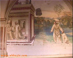 S.Mauro cammina miracolosamente sulle acque e afferra Placido dai capelli che . Affresco sito nella Abbazia Monte Oliveto Maggiore Siena 